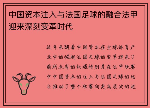 中国资本注入与法国足球的融合法甲迎来深刻变革时代
